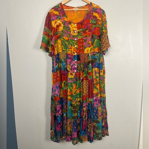 Vintage 80s/90s Bila women midi patchwork button front dress size 1X - Picture 1 of 5